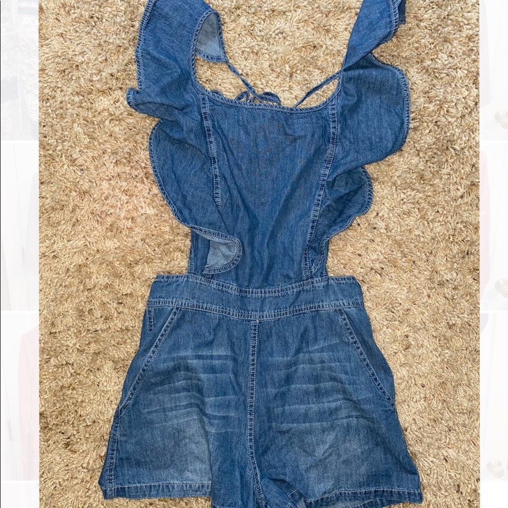 Ruffle sleeve denim romper with open back